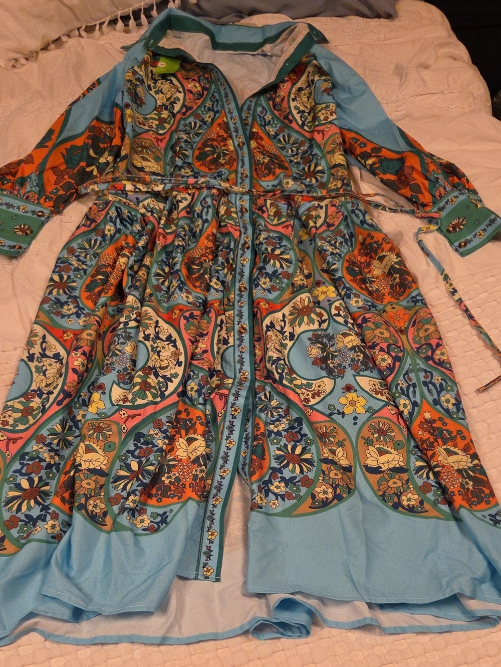 Bright Blue Floral Paisley Maxi Dress with Tie Waist